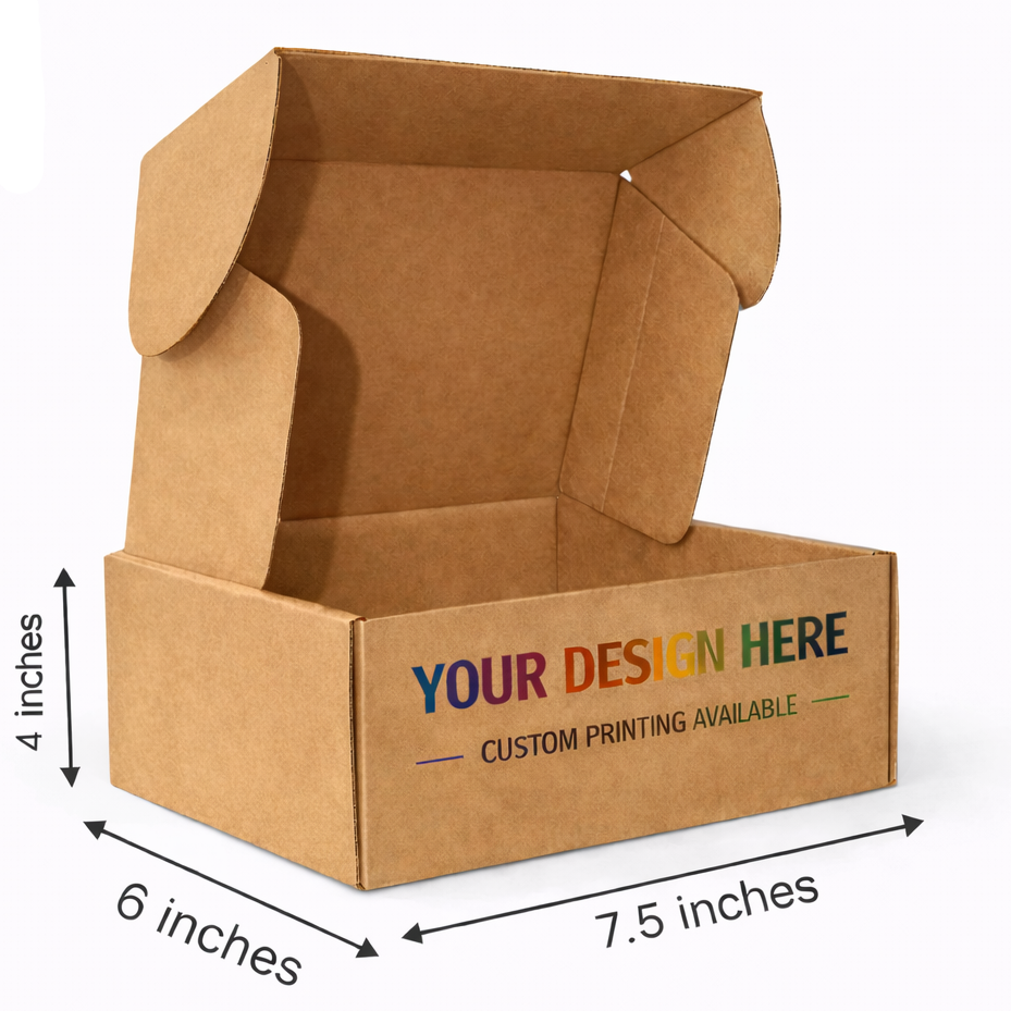 Brown cardboard box with dimensions and customizable text on a white background, featuring Falcon Boxes logo.