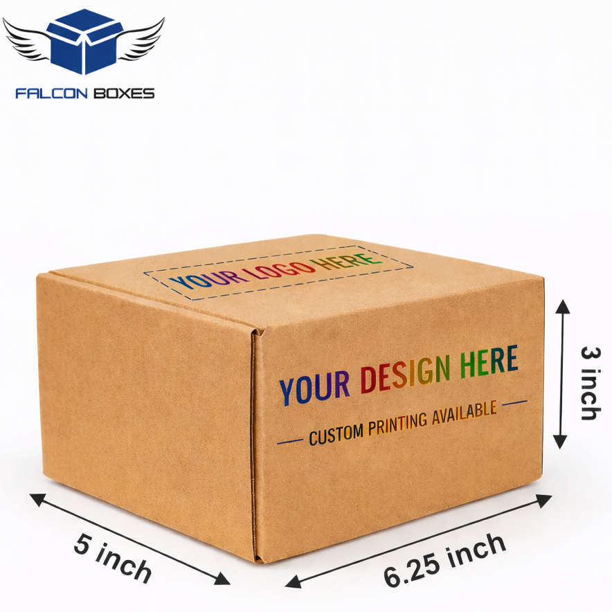 Brown cardboard box with dimensions and customization options on a white background, featuring the Falcon Boxes brand.