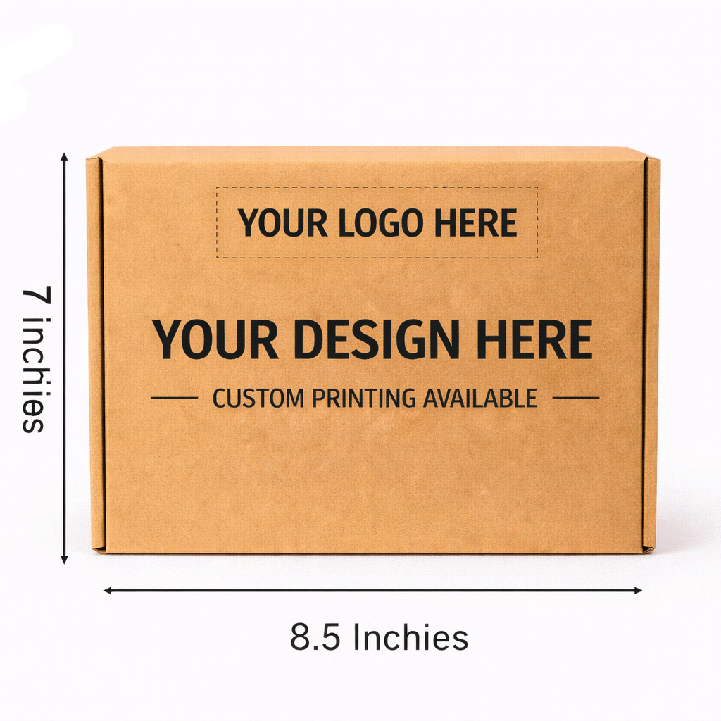 Cardboard box with customizable text and dimensions on a white background