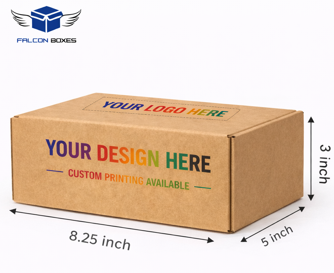 Cardboard box with customizable design and printing options on a white background, featuring Falcon Boxes logo.