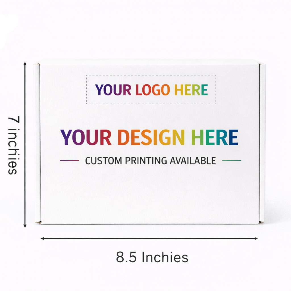 White box with customizable text and logo area, Falcon Boxes branding visible.