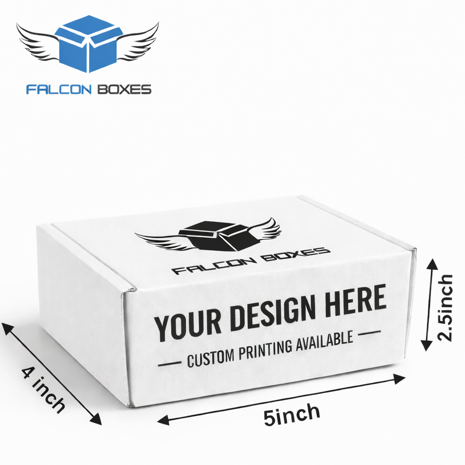 White box with dimensions and customization text, branded 'Falcon Boxes'.