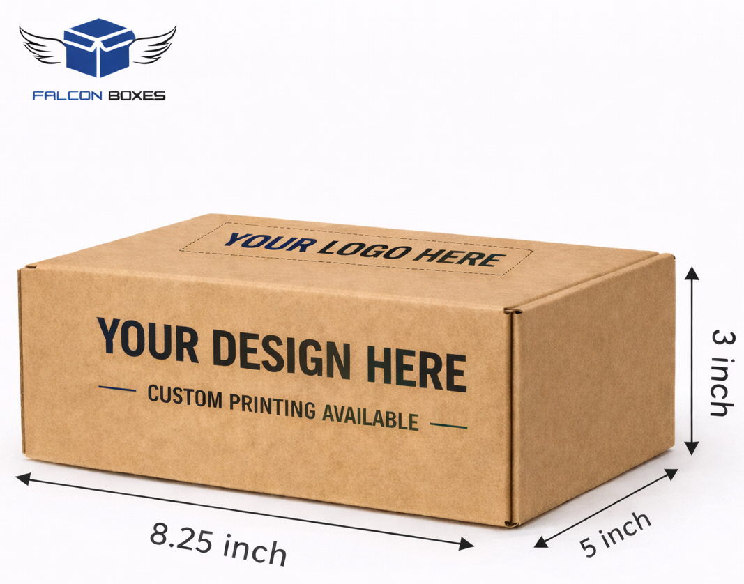 Cardboard box with customizable text and dimensions on a white background, featuring the Falcon Boxes logo.