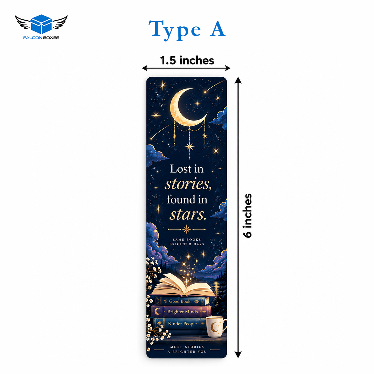 Type A moon and stars bookmark card, Lost in stories found in stars, 1.5 x 6 inches