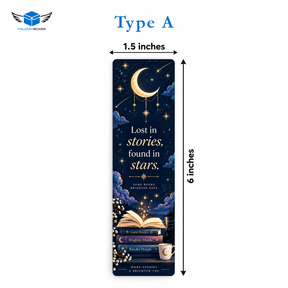 Type A moon and stars bookmark card, Lost in stories found in stars, 1.5 x 6 inches
