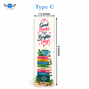 Type C colourful books and cup bookmark card, Good Books Make for Brighter Days, 1.5 x 6 inches
