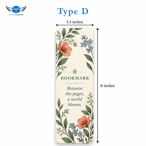 Type D floral bookmark card, Between the pages a world blooms, 1.5 x 6 inches