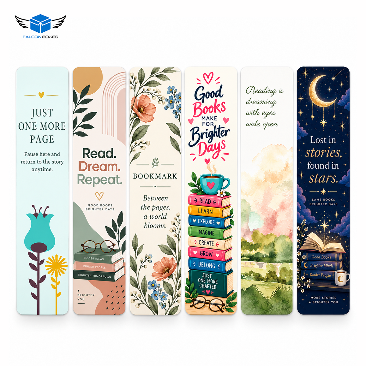 Falcon Boxes bookmark cards showing six reading designs, Types A to F
