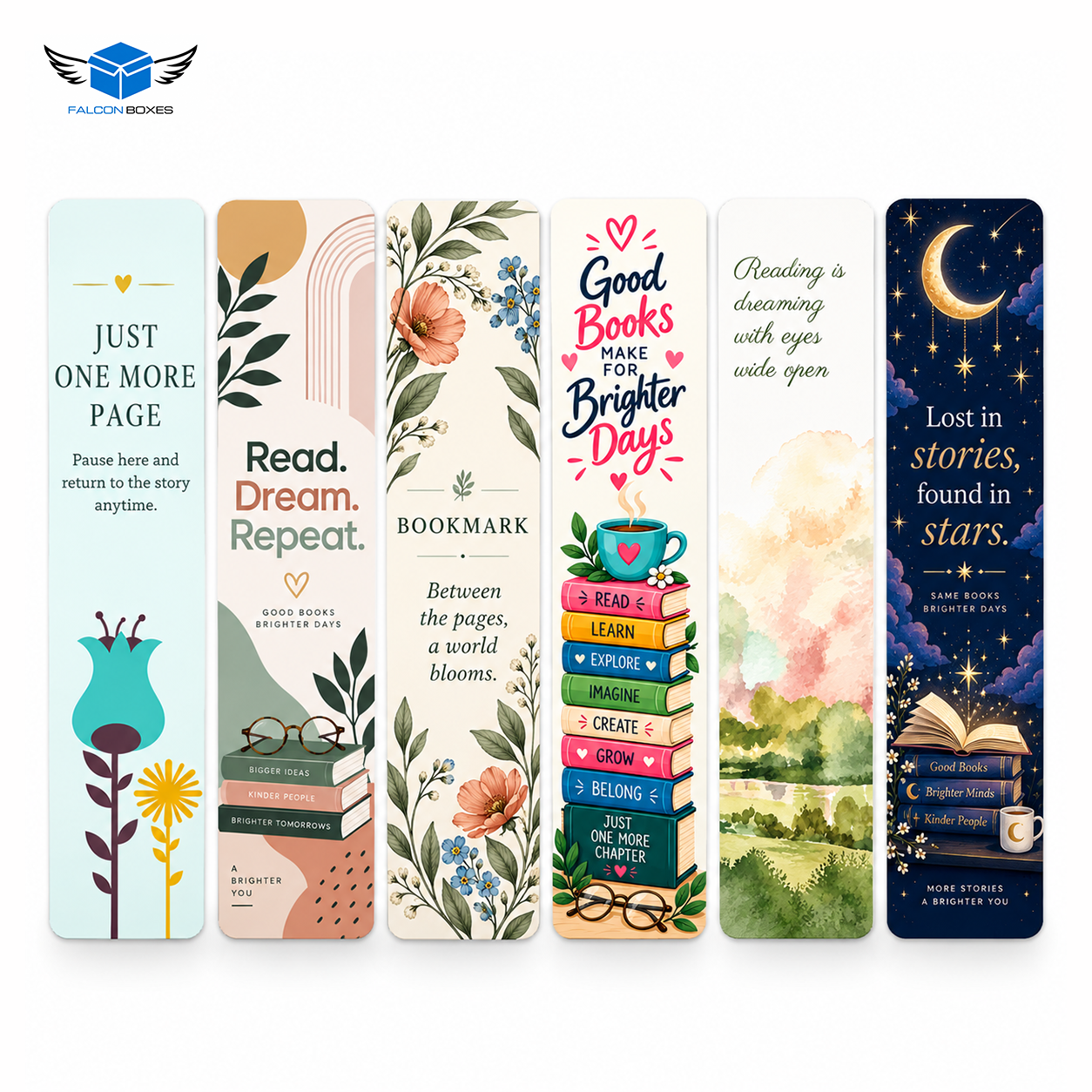 Falcon Boxes bookmark cards showing six reading designs, Types A to F
