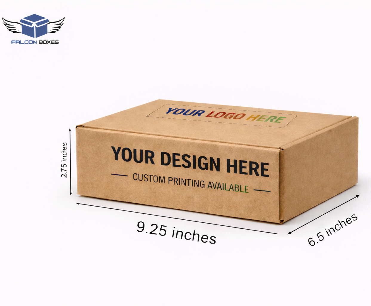 Kraft paper box with customizable design and logo space, dimensions displayed.