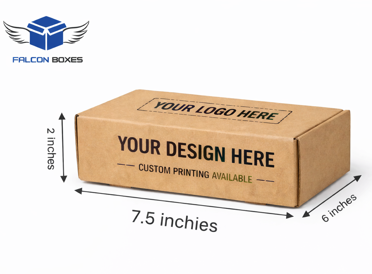Cardboard box with customizable design and printing options, featuring Falcon Boxes logo.