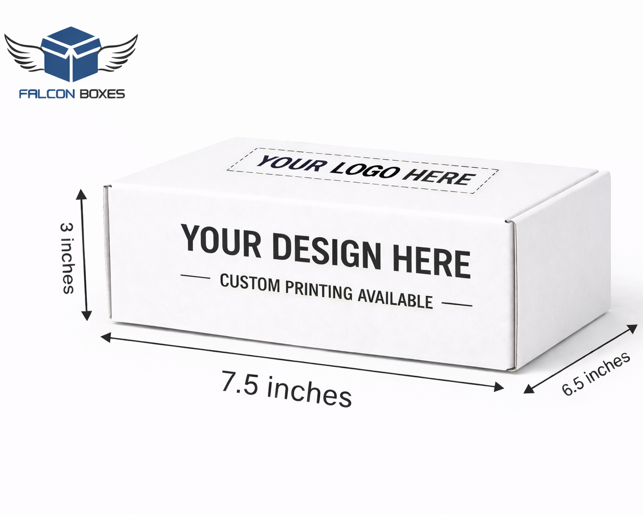 White box with customizable design and branding options, featuring dimensions on a white background.