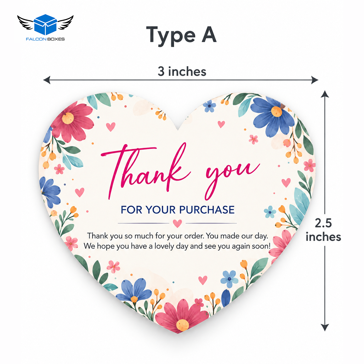 Style A floral heart shaped thank you card, 3 inches wide by 2.5 inches high
