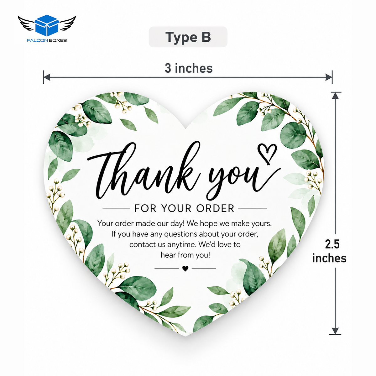 Style B green botanical heart shaped thank you card, 3 inches wide by 2.5 inches high