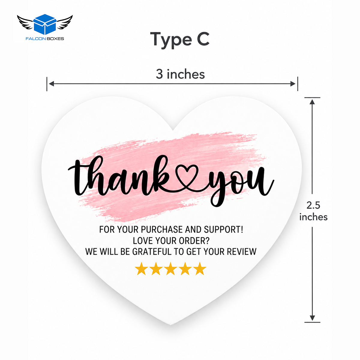 Style C pink brushstroke heart shaped thank you card with review request artwork, 3 by 2.5 inches