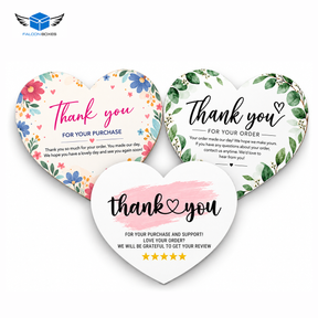 Falcon Boxes heart shaped thank you cards showing floral, green botanical and pink brushstroke designs
