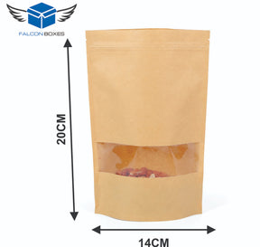 Kraft stand-up zip lock window pouch size 14 x 20 cm