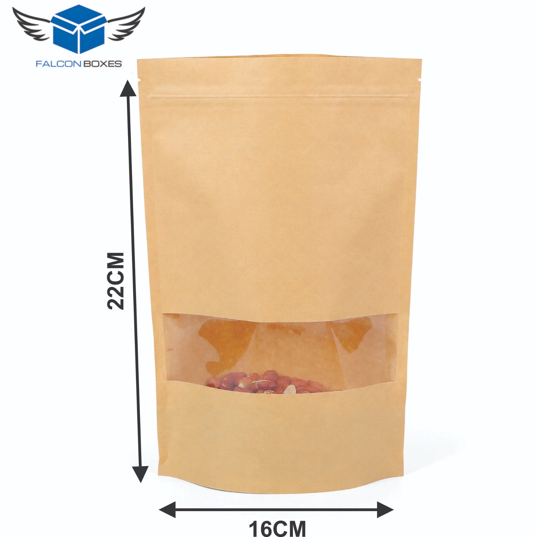 Kraft stand-up zip lock window pouch size 16 x 22 cm