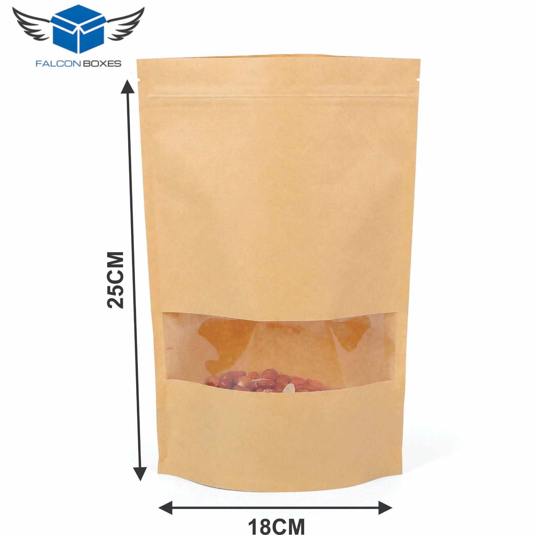 Kraft stand-up zip lock window pouch size 18 x 25 cm