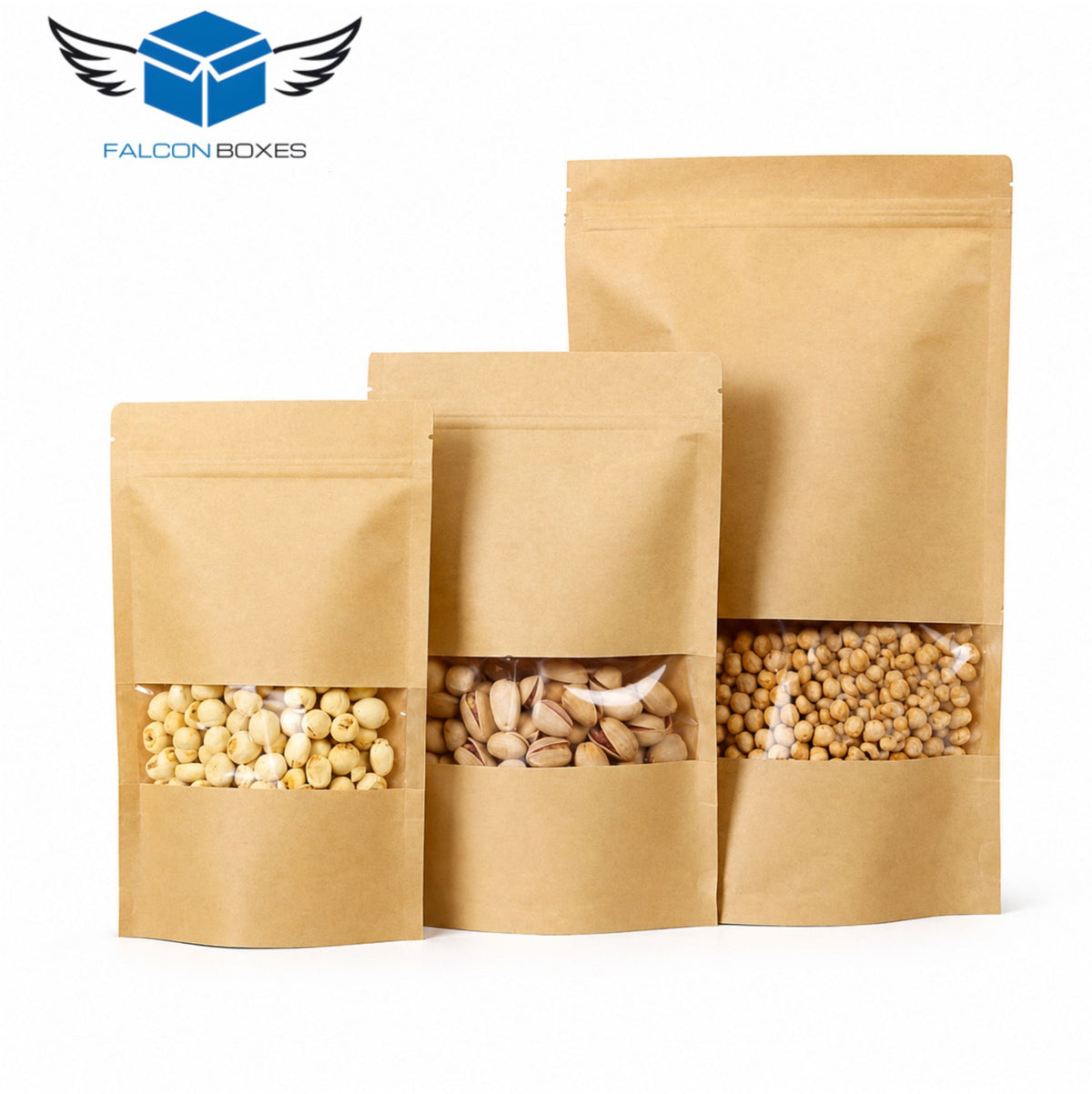 Kraft stand-up window pouches in three sizes filled with dry foods