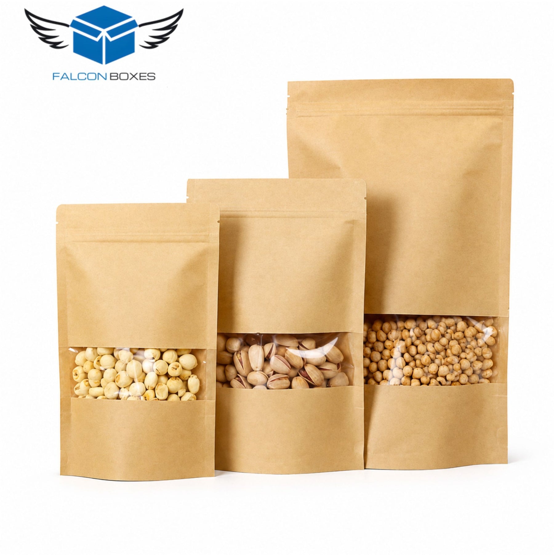 Kraft stand-up window pouches in three sizes filled with dry foods