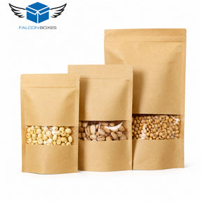 Kraft stand-up window pouches in three sizes filled with dry foods