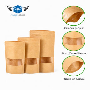 Kraft stand-up pouch features including zip lock closure clear window and stand-up bottom
