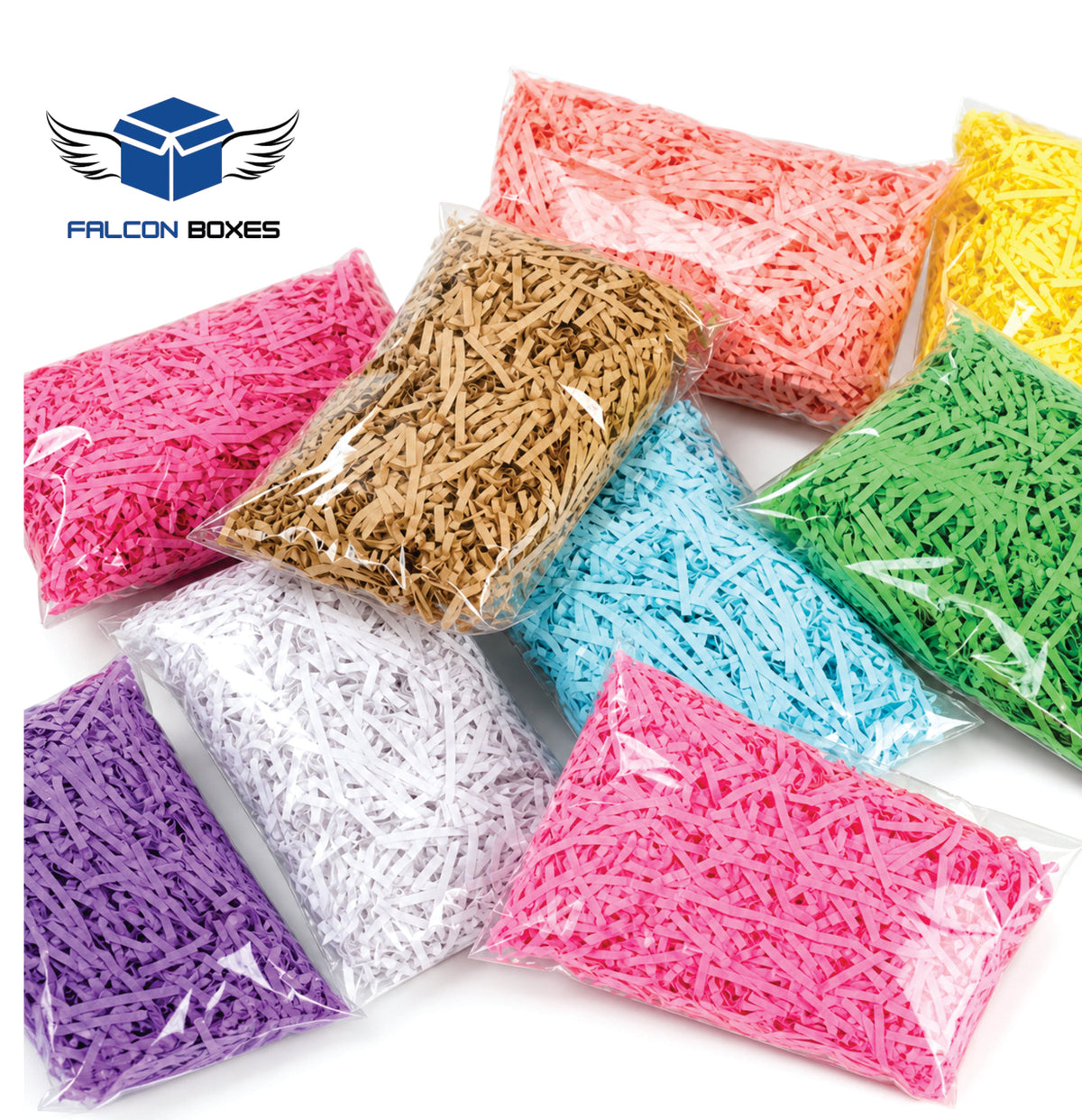 Shredded paper filler packs in multiple colors