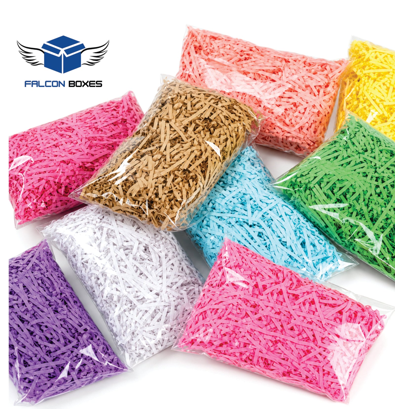 Shredded paper filler packs in multiple colors