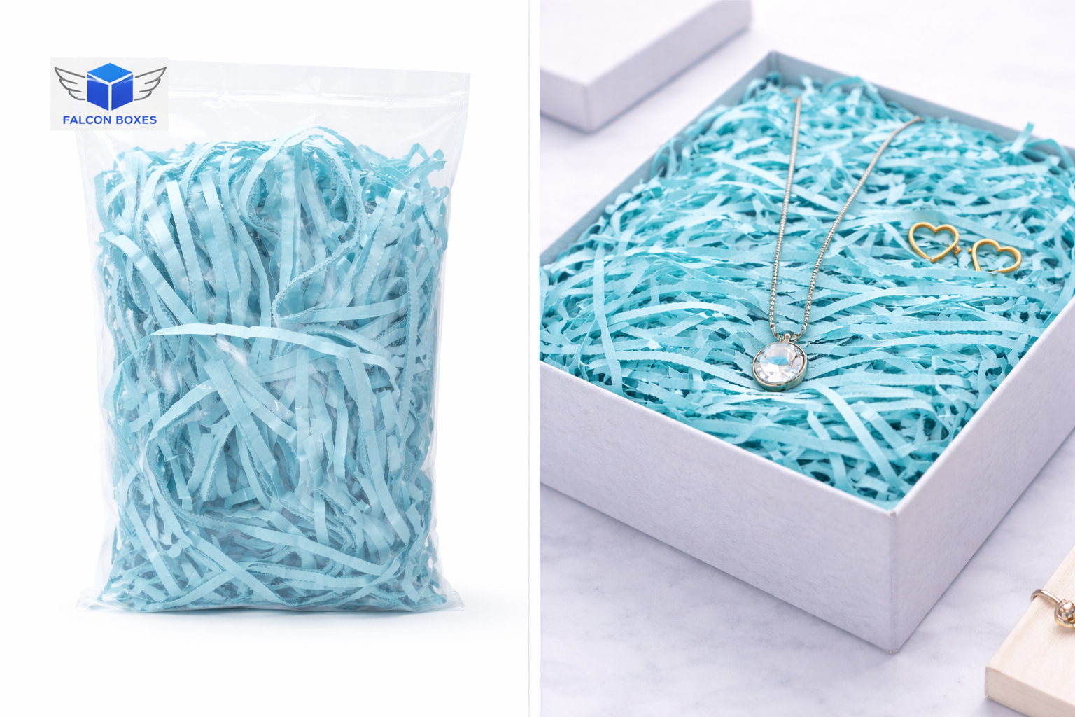 Light blue shredded paper filler for gift boxes