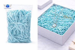 Light blue shredded paper filler for gift boxes