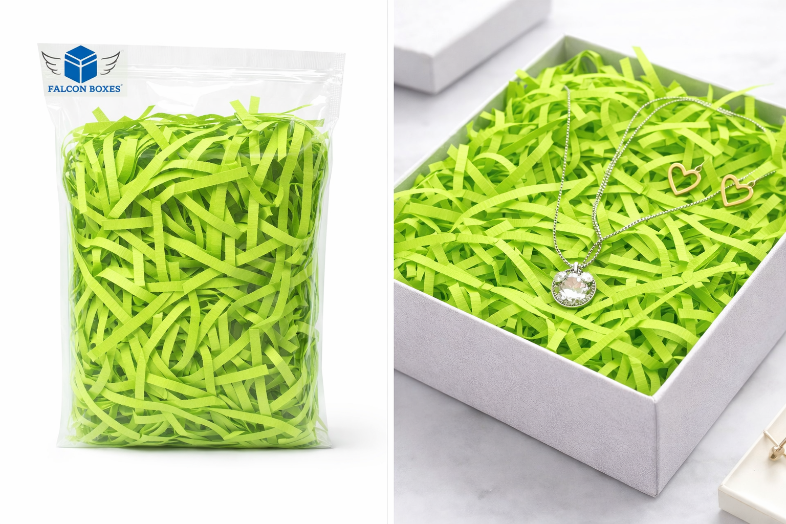 Neon green shredded paper filler for gift boxes
