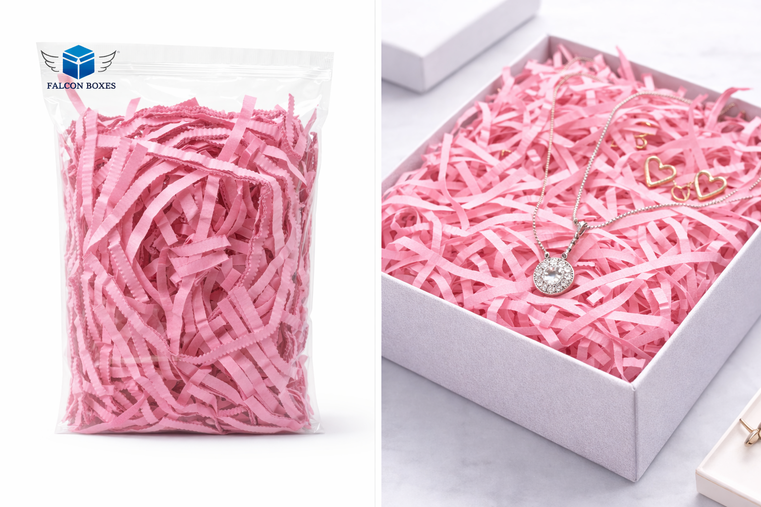 Pink shredded paper filler for gift box packing