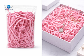 Pink shredded paper filler for gift box packing