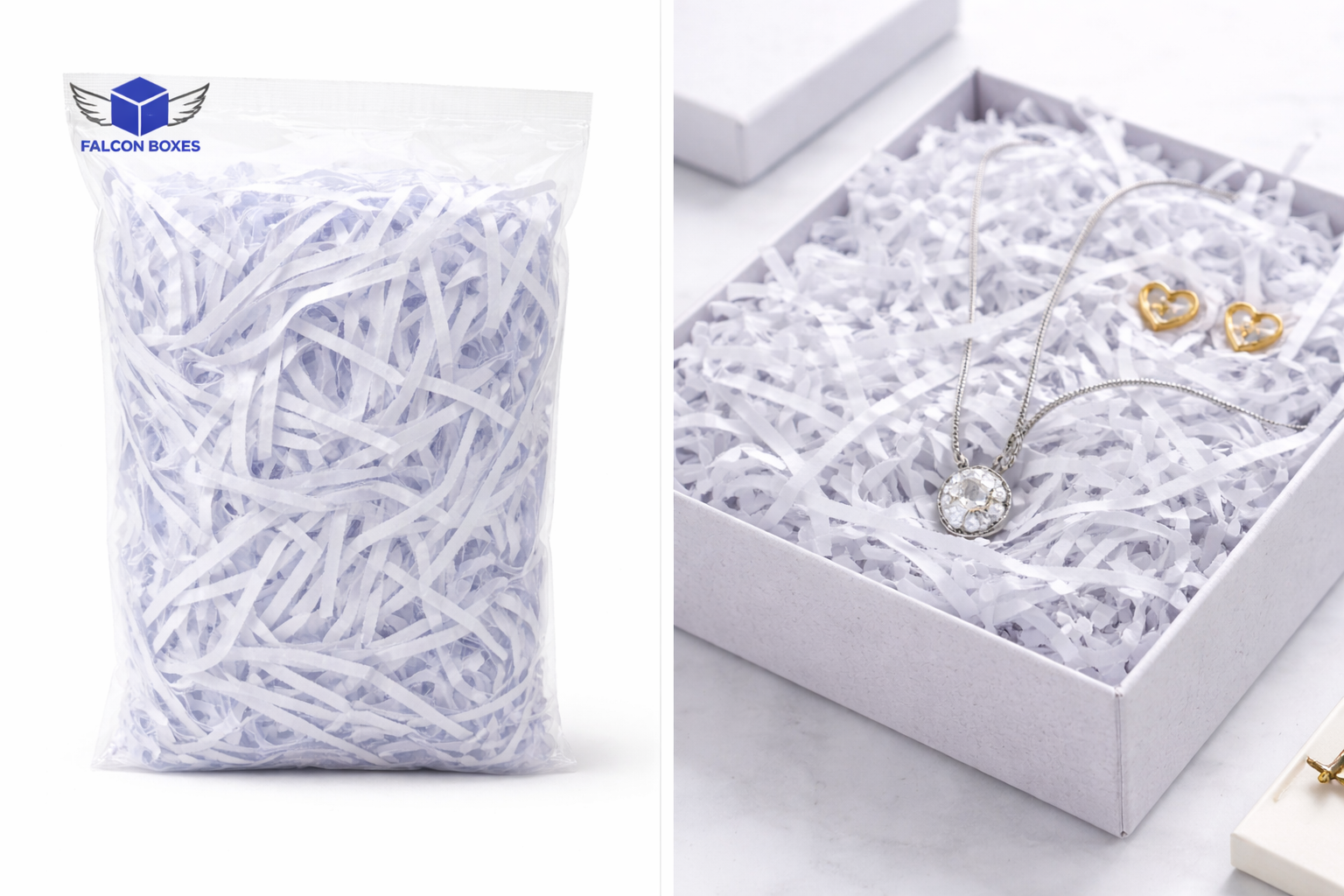 White shredded paper filler for gift box packing