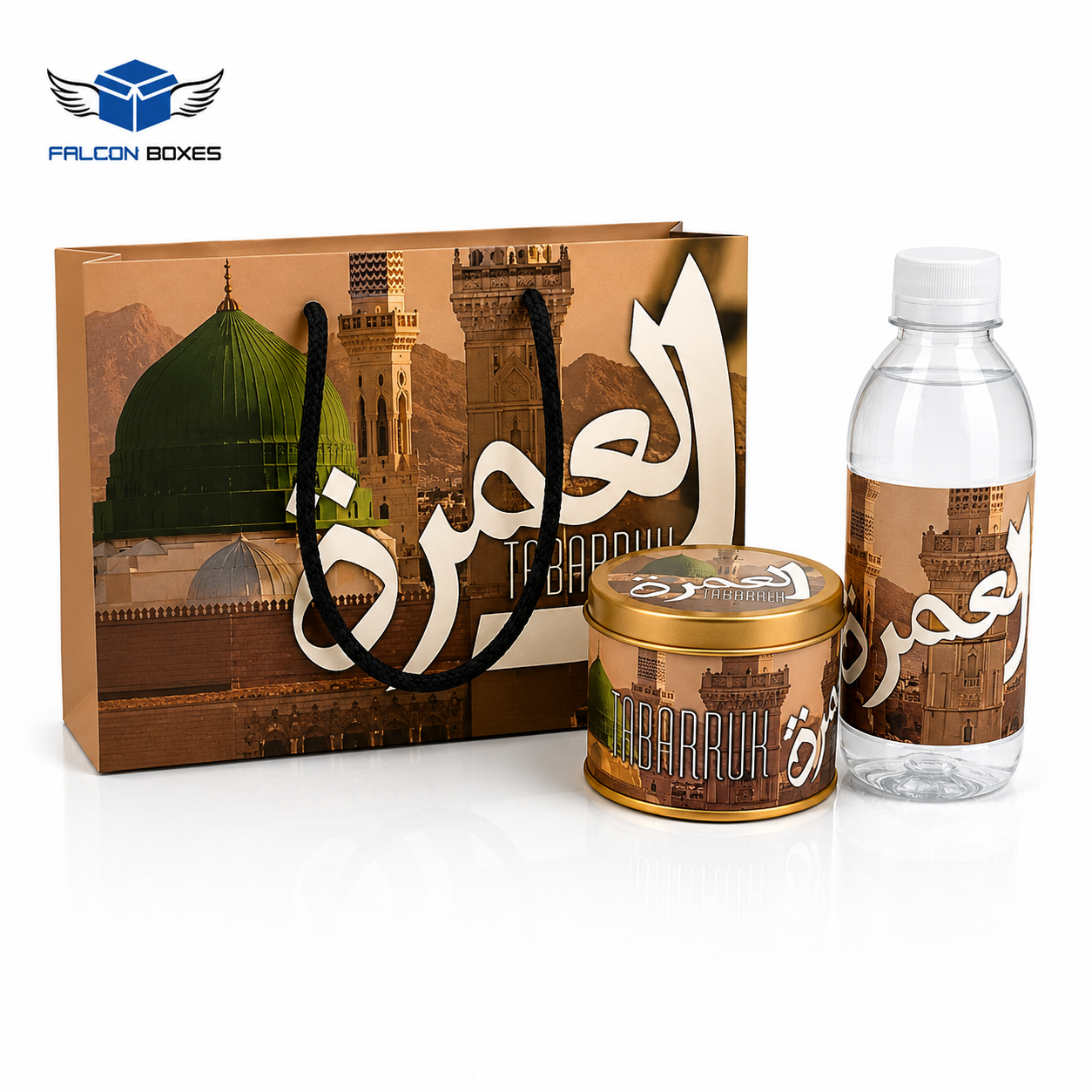 Umrah Tabarruk Gift Set packaging with bag, bottle and tin can